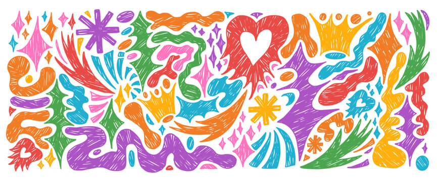 Geometric abstract funky crayon shapes set. Star shape and chalk abstract arrow with crown. Pastel organic heart and trendy form scribble with doodle. Naive vector geometric illustration isolated.