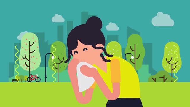 Young Woman Sneezing into Tissue in Public Park Allergy or Sickness Concept 2D Animation