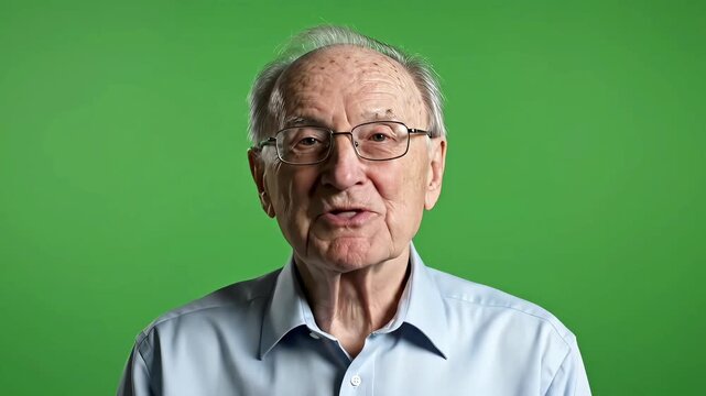 Senior man with glasses in blue shirt talking and smiling against a chroma key green screen. Friendly elderly male headshot for video production.