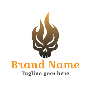 A professional fire flame logo design featuring a skull icon vector symbol for a business branding illustration with flammable heat elements and a warm bonfire sign concept art label