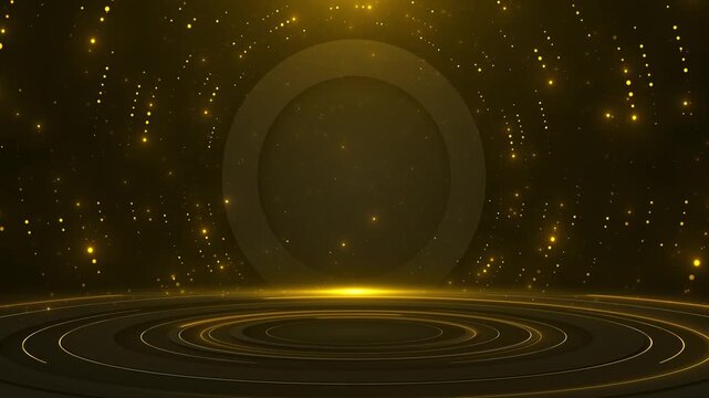 Gold circular stage platform with glowing rings, particle atmosphere, and luxury dark background. Perfect for product display videos, award intros, event promos, and cinematic overlays.