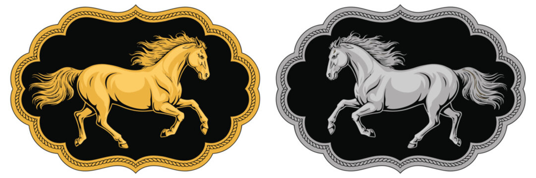 Horse belt buckle vector illustration with western rodeo cowboy style gold and silver equestrian silhouettes and iconic accessory design