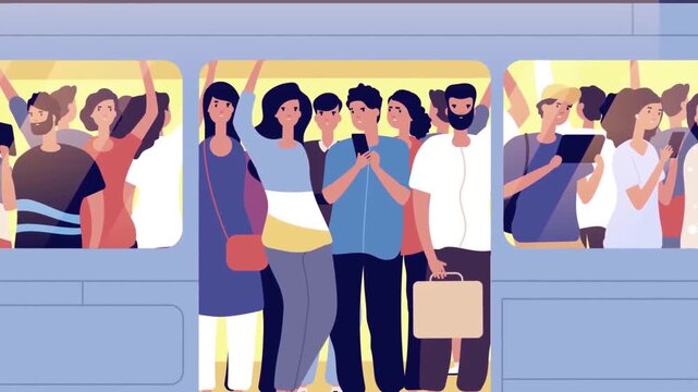 Diverse Group of Commuters Standing in Crowded Public Transportation Train or Bus 2D Animation