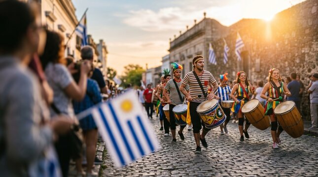 Drummers and dancers parade down a cobblestone street at sunset