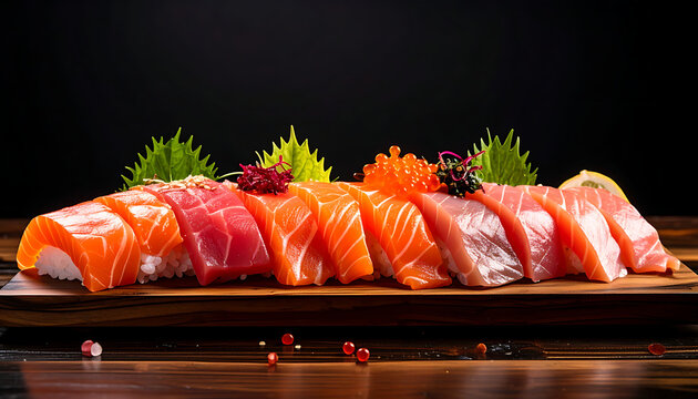 Delicious assorted sushi platter with salmon and tuna nigiri, garnished with roe and shiso leaves on a wooden board, dark background