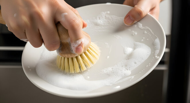 Hands holding a plate and scrubbing brush with soap suds on the plate