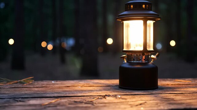 glowing vintage lantern on rustic wooden table. dark forest with blurred bokeh lights at night. outdoor recreation, wilderness survival, cozy nature getaway. travel blog, camping gear