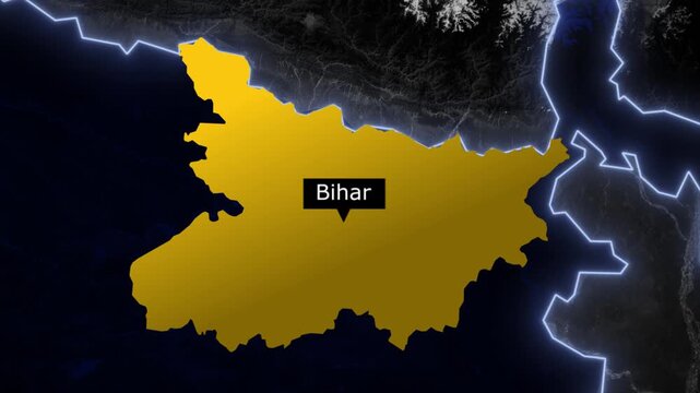 Bihar map highlight animation, India state glowing border, Bihar location map motion, geographic Bihar highlight, India map state focus, cinematic map animation, modern geography visualization, state 