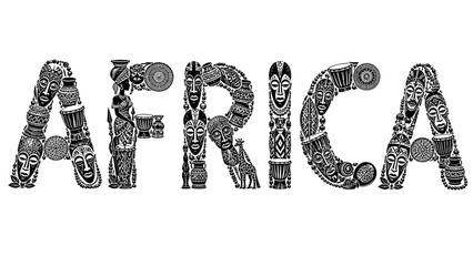 Naklejka premium Decorative lettering spelling Africa with tribal patterns and masks in black-white vector style