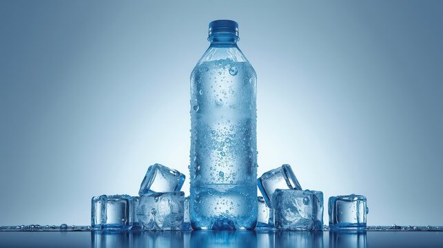 Ice cold water bottle surrounded by ice cubes on blue background
