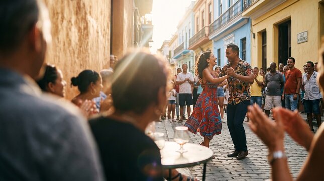 Couple dancing salsa on cobblestone street with onlookers and colorful buildings