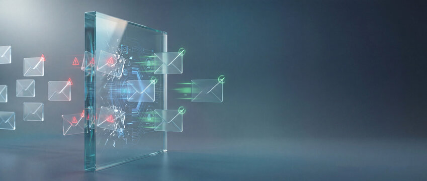 Futuristic holographic barrier filtering phishing emails with glass elements in wide format