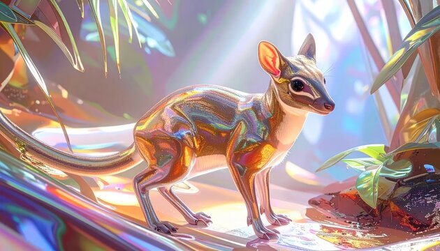 Iridescent Fennec Fox Sculpture in a Futuristic Botanical Garden.