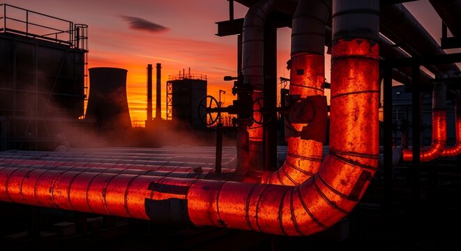 glowing district heating pipes at industrial sunset