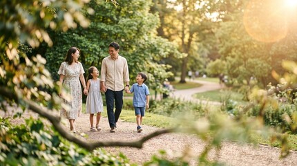 Fototapeta premium Family walking in a sun-dappled park