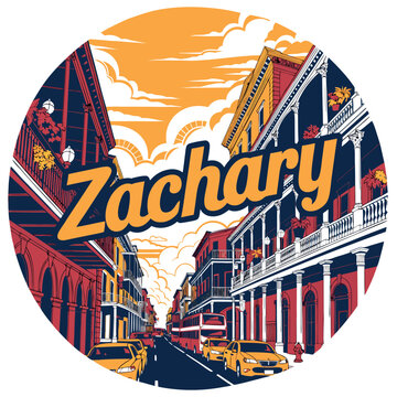 Retro Zachary Louisiana Travel Poster Illustration with Vibrant Street Scene, Colonial Architecture, Yellow Taxis, and Stylized Orange Sky in a Circular Design