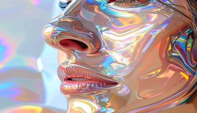 Iridescent Holographic Human Face Sculpture with Abstract Light Reflections.