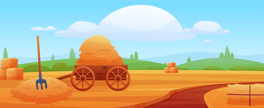 Agriculture landscape. Wooden cart with haystack, harvest time, grass mowing season in fields. Hays in valley, cartoon countryside vector scene