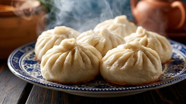 Hot steamed dumplings baozi on traditional blue plate.