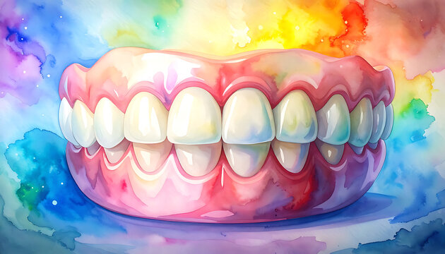 Colorful watercolor illustration of a full set of white dentures, representing dental health and smile restoration, against a vibrant, abstract background
