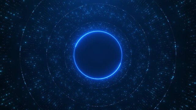 Blue circular digital particle tunnel glowing rings, dotted depth, and dark technology space. AI videos, cyber intros, data visualizations, software screens, futuristic loops, and science overlays.