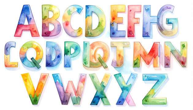 Colorful watercolor alphabet letters, abc, english font, creative design element, learning and education concept
