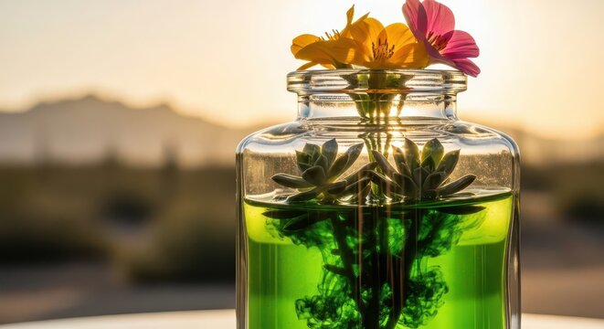 Herbal plant in green liquid glass bottle.