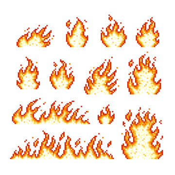 Pixel fires icons. Retro game burning elements, arcade computer gaming style 8 16 bit. Ui ux design elements, magic fire flames, tidy vector clipart