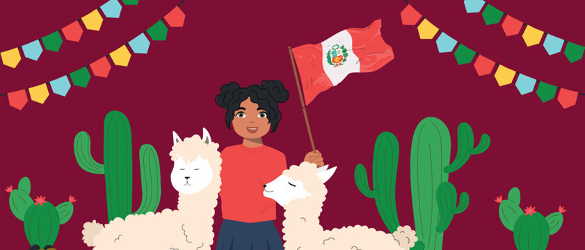 Fiestas Patrias horizontal banner. Cartoon girl with alpacas holding Peruvian flag vector illustration