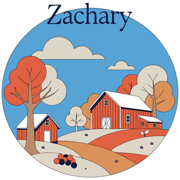 Rural Landscape Illustration with Red Barns, Autumn Trees, and the Name "Zachary" in a Circular Frame - Rustic Farmstead Scene Vector Art