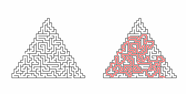 Equilateral triangle shaped maze puzzle with solution path showing red line on white background