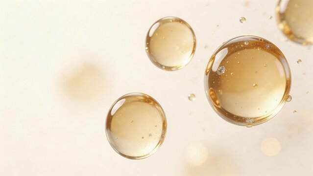 Golden liquid bubbles on light background