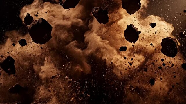A dark explosion with brown and orange hues, debris flying everywhere