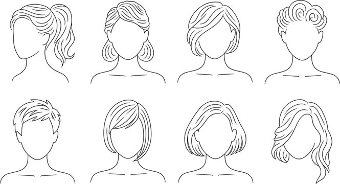 Vector illustration of eight different hairstyles including ponytail, bun, bob, updo, spiky cut, bangs, center part, and wavy hair