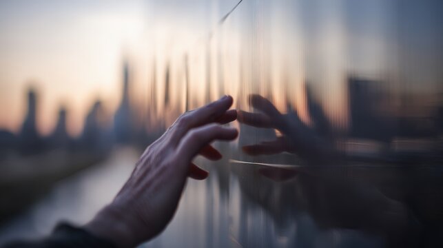 Human hand touching reflective glass wall with blurred city skyline, emotional connection concept, modern minimal perspective exploring isolation, contact and urban life.