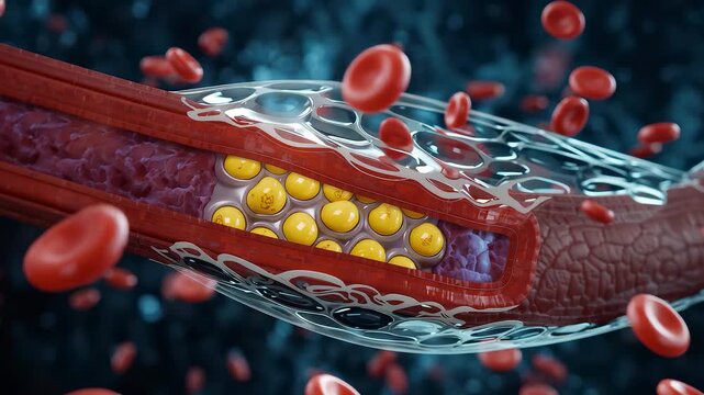 Artery with cholesterol plaque buildup, red blood cells, restricted circulation and medical vascular disease anatomy