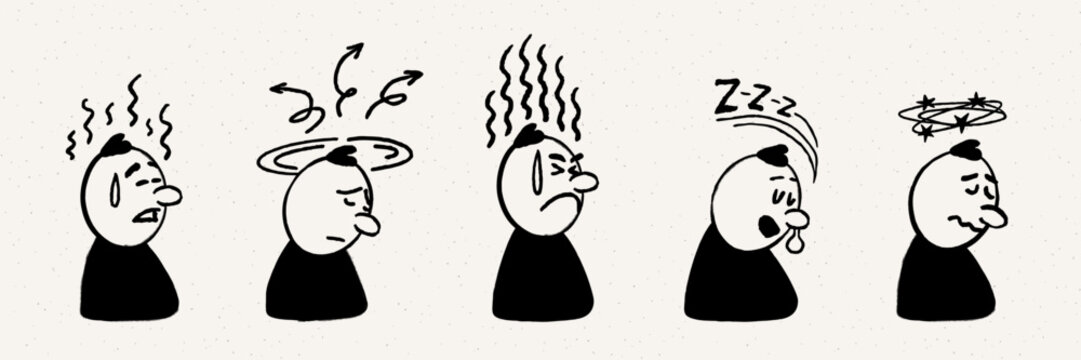 Comic character emotion set with doodle faces and motion effects showing anxiety, dizziness, and sleep in a simple hand drawn style. Comic character expressions with line effects