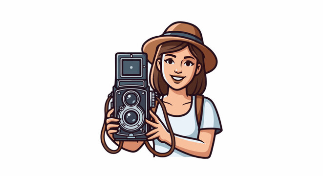 A smiling person in a hat holds a vintage camera, ready for a photo adventure