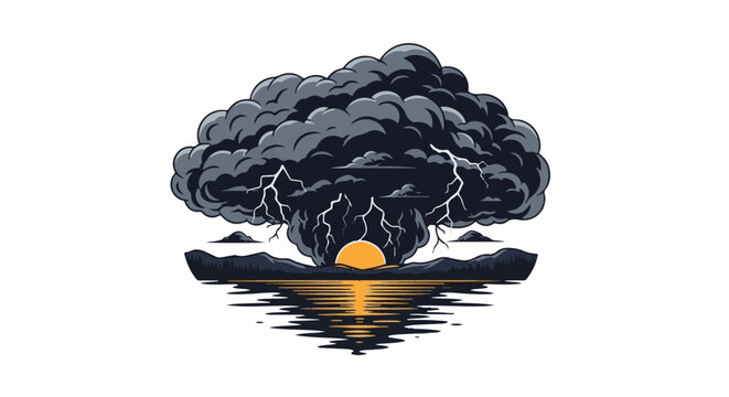 A dramatic pixel art scene depicts a stormy sky with lightning over a serene lake at sunset