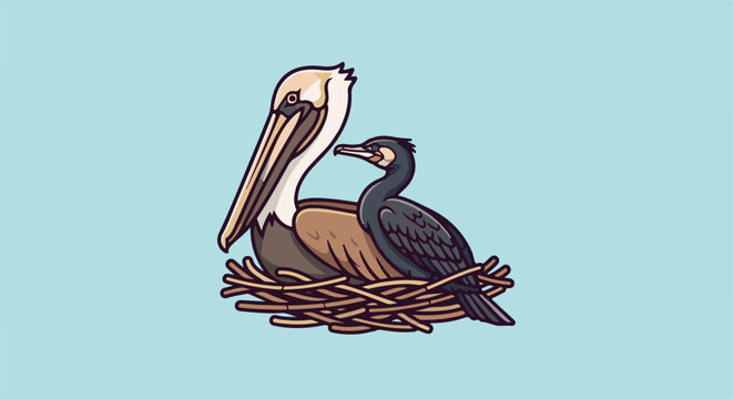 A cartoon pelican and cormorant rest together in a nest on a light blue background