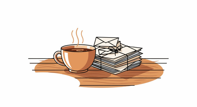 A steaming cup of coffee sits on a wooden surface next to a stack of envelopes