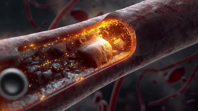Microscopic artery blockage with glowing cholesterol plaque, blood clot buildup, vessel inflammation and medical circulation disease anatomy