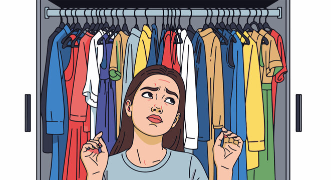 A person looks overwhelmed by a full closet of colorful clothes