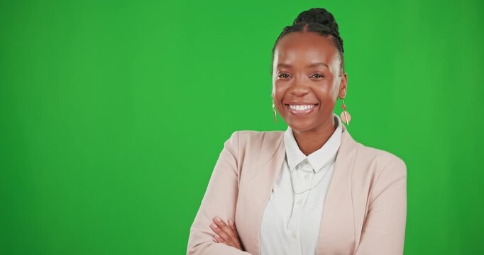 Business woman, portrait and laughing on green screen with arms crossed with pride and happiness. Face of professional, young and African entrepreneur person or boss smile on a studio background