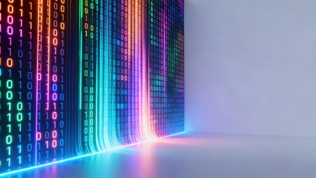 Colorful binary code wall in a room