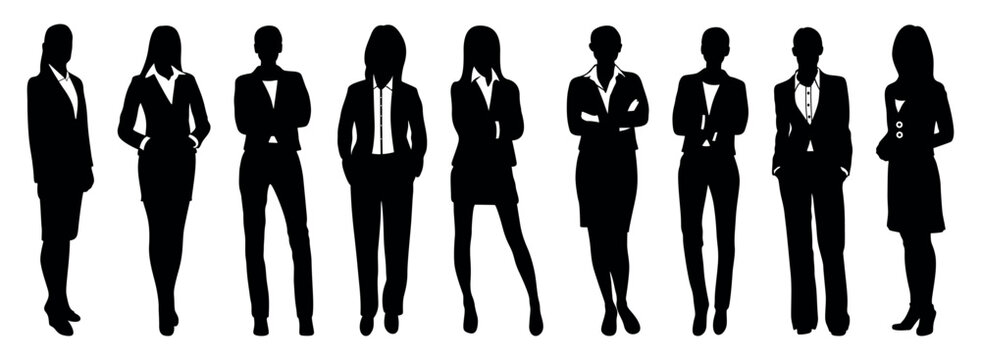 Professional business women silhouettes set, corporate female office workers in suits, collection of 9 standing businesswoman vector figures