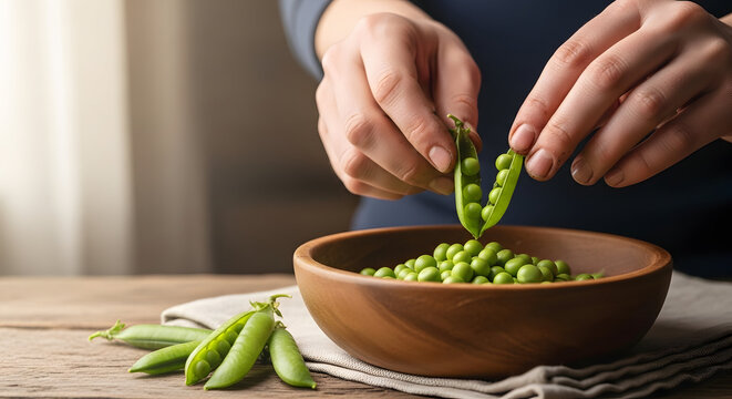 A person shelling fresh green peas from a pod into a brown bowl on a wooden table