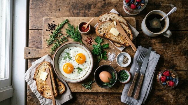 Rustic breakfast with eggs, bread, herbs, and coffee on wooden table