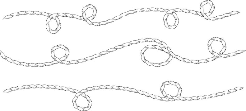 Set of Wavy western or nautical rope squiggle lines with flowing curves and tangles Marine cable pattern for sailor design Hand drawn sketch continuous line doodle form wavy elements Marine rope brush