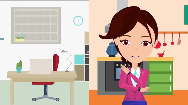 Split Screen View of a Woman Presenting in a Modern Kitchen and Professional Office Workspace 2D Animation